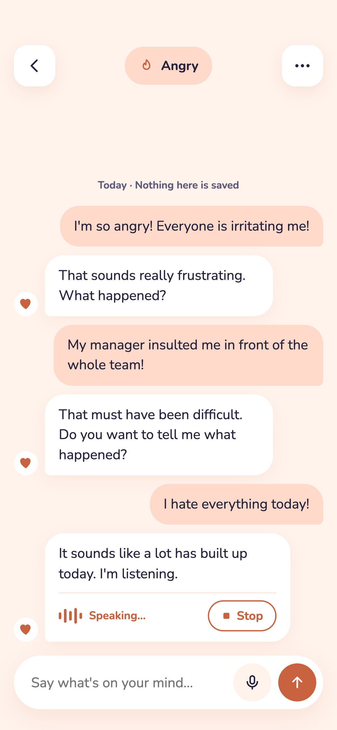 Design preview of a warm, mood-aware AI conversation